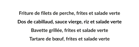 Friture de filets de perche, frites et salade verte Dos de cabillaud, sauce vierge, riz et salade verte Bavette grillée, frites et salade verte Tartare de bœuf, frites et salade verte